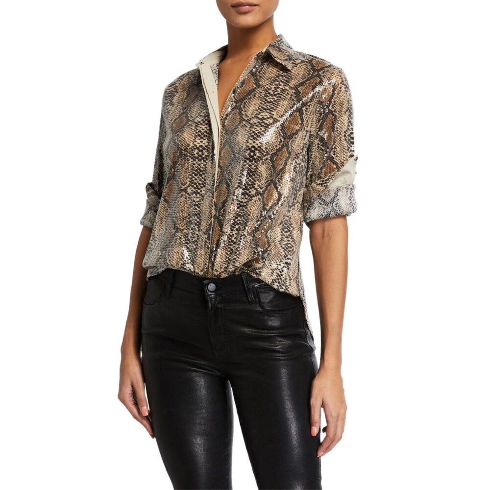 ENDLESS ROSE Sequin Embellished Python-Print Shirt in Brown, Sz M